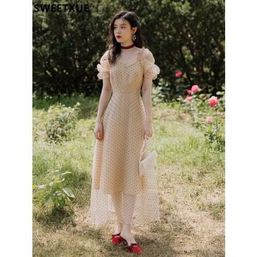 SWEETXUE Vintage Polka Dot Mesh Dress Womens Temperament Fairy Chic Romantic Elegant Female Summer Long Party Dress Vestidos
