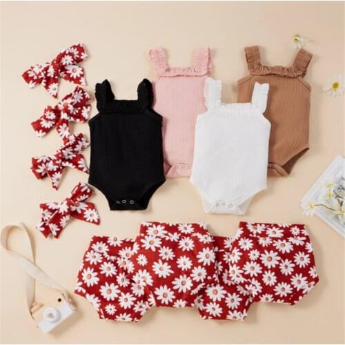 3 Pcs Newborn Casual Outfits Baby Girl Sleeveless Square Collar Ribbed Romper + Daisy Print Shorts + Headband