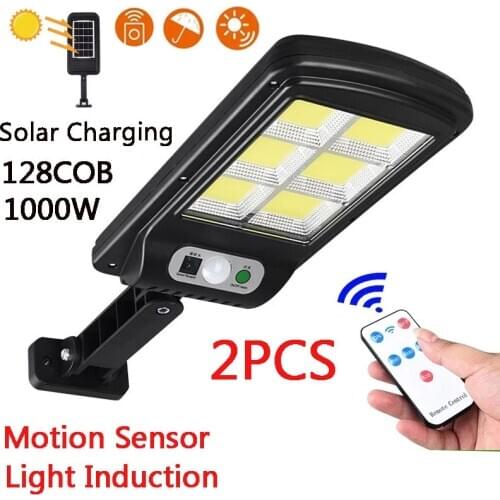 2PCS 128COB Solar LED Street Light Waterproof Motion Sensor Smart Remote Control 300W Outdoor Garden Security Wall Light
