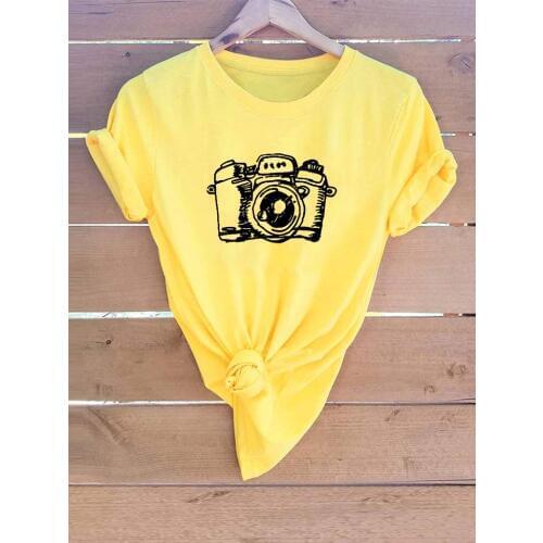 New Women Fashion Casual Short Sleeve Cute Photographer Camera Print T-shirt Girls Tops Tee Summer Casual Clothes Outfit