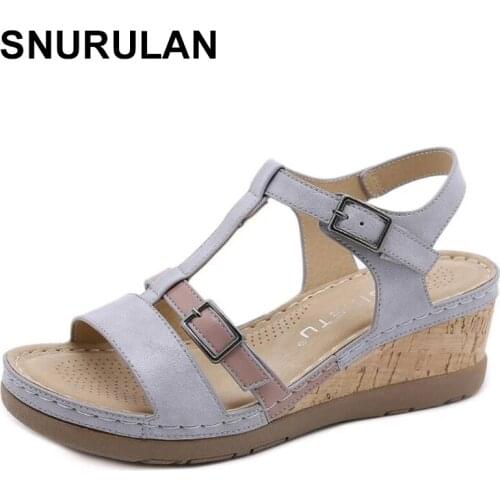 SNURULAN Women Sandals Ladies Comfortable Wedges Sandals Leisure Beach Shoes Fashion Large Size Buckle Sandals Summer ShoesFemal