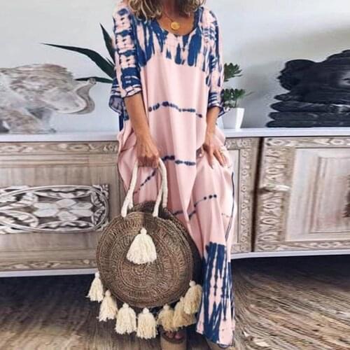 Womens Dresses Ladies Summer Fashion Loose Neck Tie-Dye Printed Casual Long Dress Evening Party Beach Sundress Vestidos