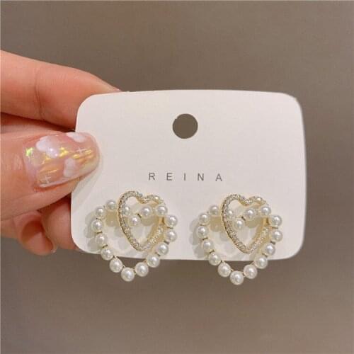 New Design 14K Gold Plated Plated Pierced Pearl Heart Stud Earrings For Women Luxury Jewelry Zircon Earrings