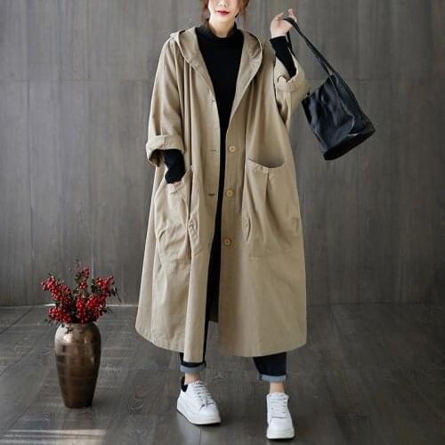 Plus Size Long Trench Coat Women Hooded 2021 Autumn Winter Casual Pocket Outwear Female Windbreaker Loose Oversize Overcoat G887