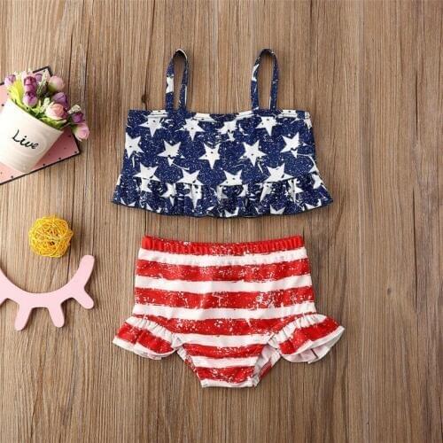 1-6 Years Girls Swimsuit Summer Toddler Kids Baby Girl Bikini Ruffle Swimwear American Flag Star Bathing Suit Girls Beachwear