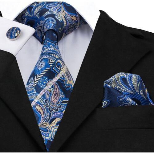 C-613 Jason Vogue Quality Tie Hanky Cufflinks Set Blue Paisley 100% Silk Jacquard Necktie Halloween Gift from China
