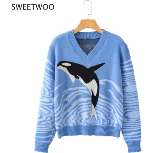 Autumn Winter Fashion Warm Sweater Women Casual Chest Before Dolphin Print V-Neck Knitted Pullover Female Long Sleeves Jumpers