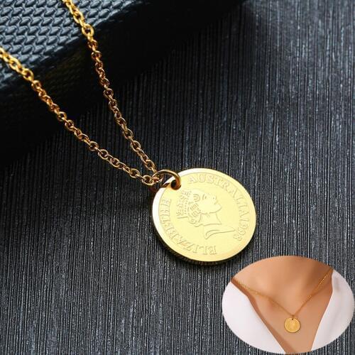 Vintage Elizabeth Isle Of Women Statement Coin Necklace Gold Tone Stainless Steel Ten Cents Charm Gifts for Her