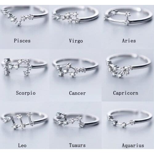 12 Constellation Rings For Women Cubic Zircon Adjustable Zodiac Rings Silver Color Jewelry Gifts