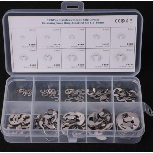 120PCS 1.5mm-10mm E-Clip Assortment Kit Stainless Steel Retaining Circlip Set