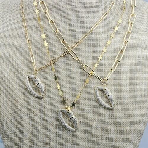 16inch 5pcs/lot New design cz necklace,lip shape cubic zircon component,popular plated rosary chain necklace wholesale