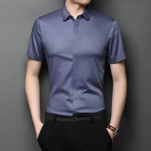 2020 high-end seamless short-sleeved shirt mens casual handsome business fashion simple solid color lapel half-sleeved shirt