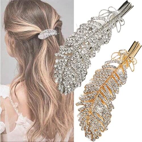 2021 Fashion Hair Clip Fine Craftsmanship Creative Shiny Feather Shape Alloy Rhinestone Hair Barrette for Dating