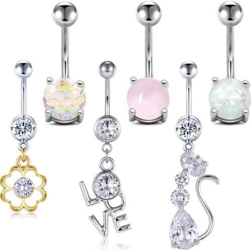 JFORYOU 6Pcs Dangle Belly Button Rings for Women Girls 316L Surgical Steel Curved Navel Barbell Body Jewelry Piercing in 5 Style