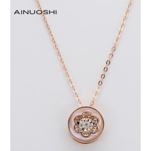 AINUOSHI 18K Rose Gold 0.021ct Real Diamond & 0.51ct Pink Mother-Of-Pearl Flower Dancing Pendant Necklace Jewelry for Women 18