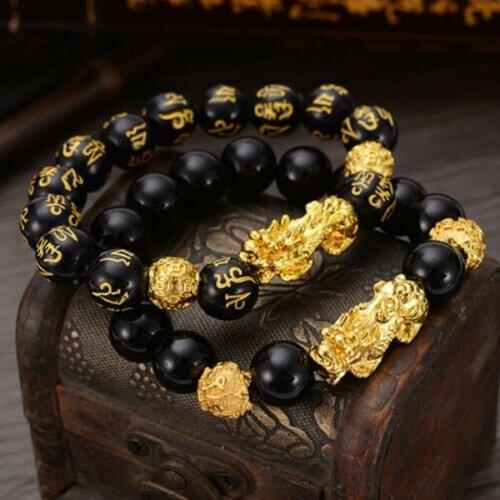 Hot Sale Feng Shui Obsidian Stone Beads Bracelet Men Women Unisex Wristband Gold Black Pixiu Wealth and Good Luck Women Bracelet