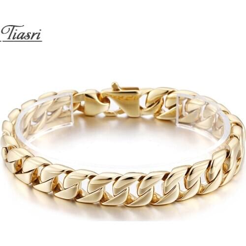 Tiasri 10mm Gold Color Now Popular Mens Bracelet Cuban Link High Quality Stainless Steel Chain Punk Hip-Hop Boys Jewelry Gift