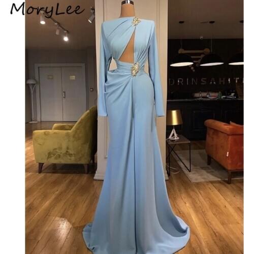 Baby Blue Evening Dresses Long Sleeves Floor Length Silk Satin Zipper Back Mermaid Evening Dresses vestidos de fiesta de noche