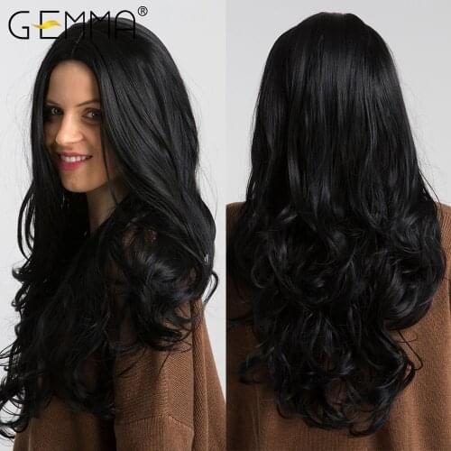 GEMMA Long Wavy Black Synthetic Wigs for Women Afro Natural Cosplay Party Daily Middle Part Hair Wigs Heat Resistant Fibre