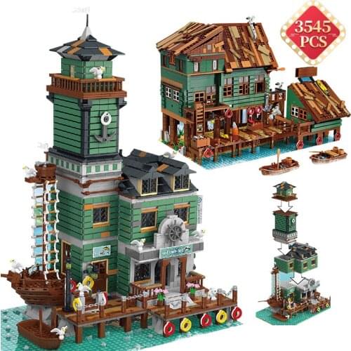 Creator Expert Captains Wharf Building Blocks Fisherman Hut Boat House Dock Residential Modular Bricks Toys for Kids Adult