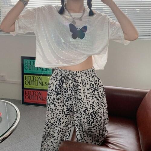 Bow Print O-Neck Crop Top Summer Casual Fashion Shine Short Sleeve T-shirt 2021 Ladies Basic Loose Korea Style Tops
