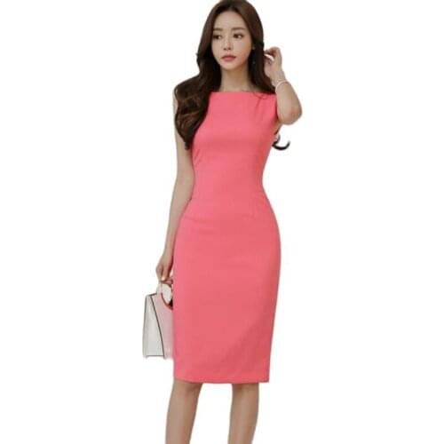 Summer Pink bodycon Dress one piece korean ladies Sleeveless Crew neck Office party Kyaba dress for women