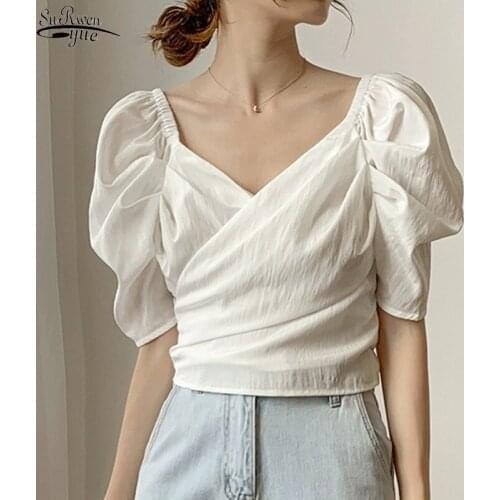 Summer 2021 New V-neck Lace Up Short Shirts Tops Chic Elegant Puff Sleeve Women Blouses Solid Casual Chiffon Blusas Femme 14277