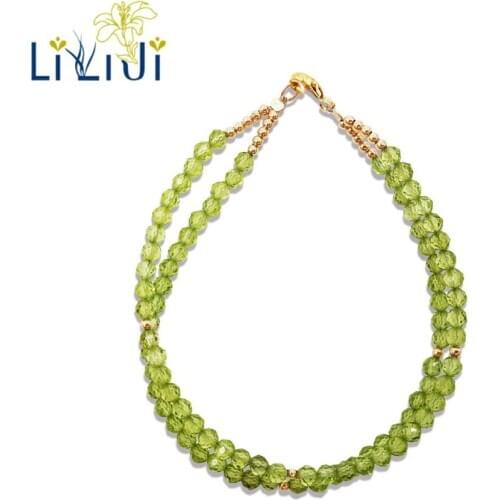 LiiJi UniqueNatural Stone Green Peridot 925 Sterling Silver Gold Color/Goldfilled Bracelet