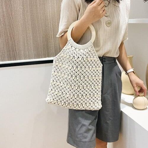 Soft-Faced Beaded Hollow Handbag Women Simple Round Handle Woven Handbag WomenS Leisure Vacation Handbag Woman 2021 Summer New