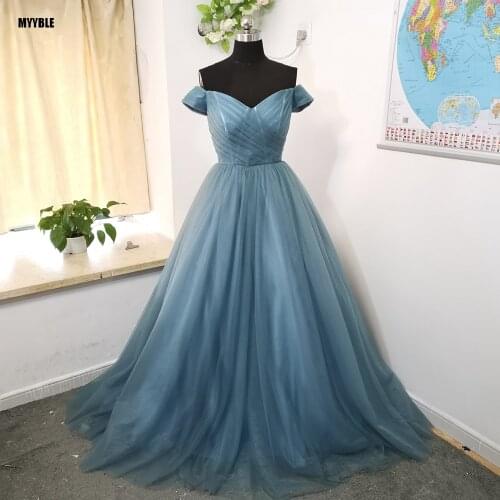 MYYBLE 2021 ash-blue shoulder formal evening dress brush style tuxedo short-sleeved swing back lace up cheapgrab fold popular