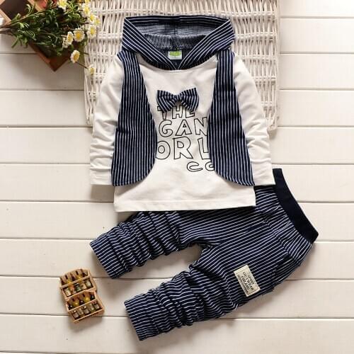 New Fashion Clothes Baby Boy Clothes Set 2 Piece Party Bow Patchwork Fake Two Long Sleeve Hoodies Sweater Tops+trousers 0-24M