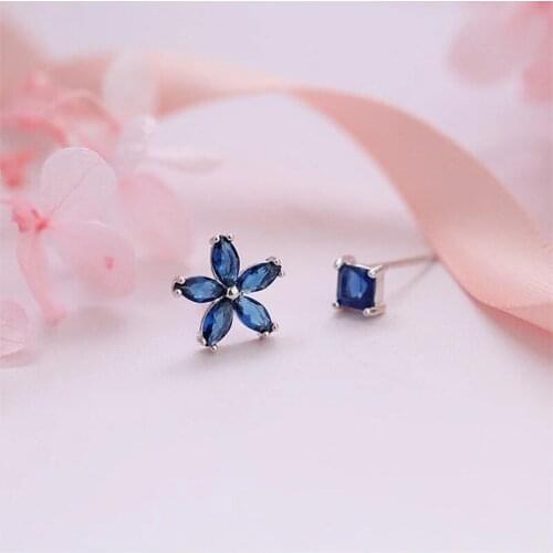 South Korea New S925 Needle Blue Crystal Flower Earrings Square Asymmetric Earrings Female New Earrings Wholesale
