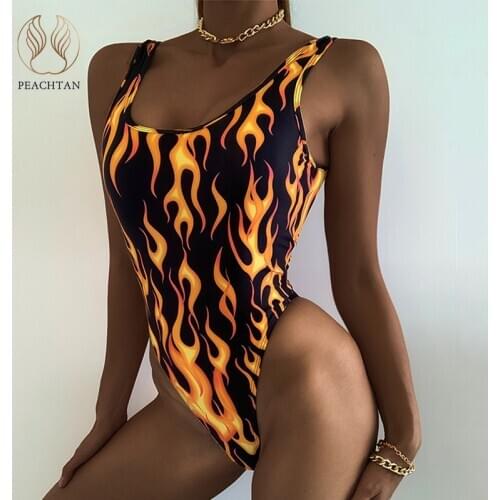 Peachtan Sexy one piece suit Yellow fire print swimwear women High cut retro monokini one-piece swimsuit female bathing suit new
