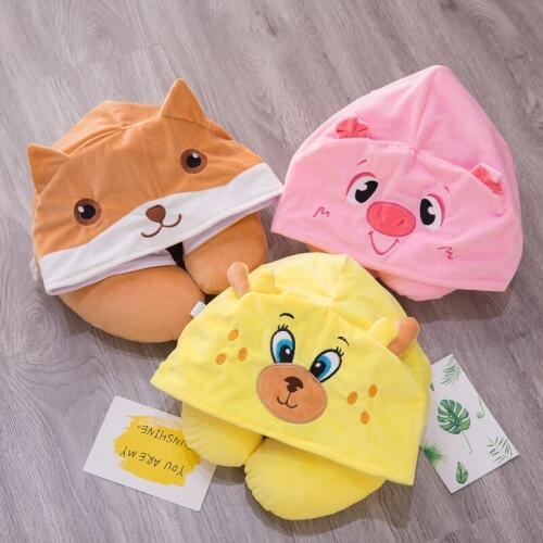 Plush Pillow U Type with Hat Friends Korean Cartoon Doll PP Cotton and Stuffed Toy Sleeping Pillow