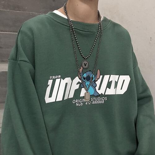 Cartoon Character Print Oversized Round Neck Sweater Mens Harajuku Pullover Casual Fashion Couple outfit Hoodie lovely