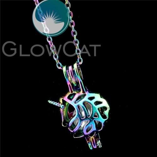 R-C453 Rainbow Colors Unicorn Beads Cage Pendant Perfume Diffuser Aromatherapy Pearl Cage Locket Necklace