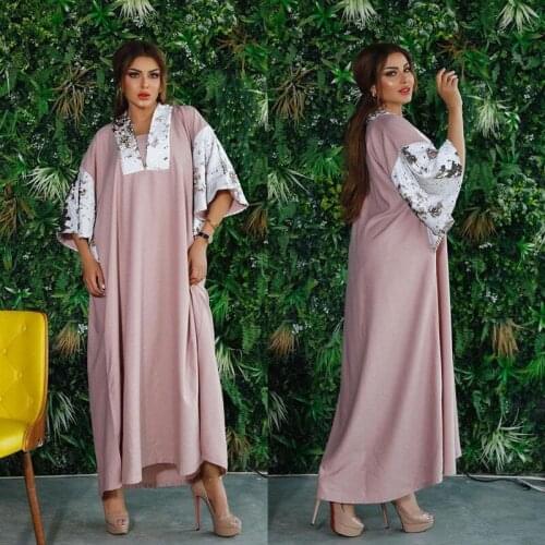 Luxury Sequins Muslim Women Long Dress Abaya Loose Kaftan Summer Arabic Maxi Robe Gown Patchwork Islamic Clothing Ramadan Turkey