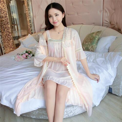 Sexy Ice Silk morning gown female silky bathrobe Set Womens summer Sleepwear Ladies 2PC indoor nighty Bride Wedding Robe