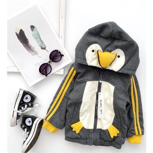 Tonytaobaby New Autumn and Winter Clothes for Boys and Girls Cute Gray Penguin Animals Velvet Jackets Kids Jacket