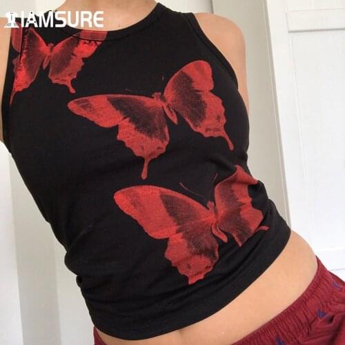 IAMSURE Butterfly Pattern Printed Tank Tops Slim Casual Sleeveless Crop Top Basic Tanks Women 2021 Summer Fashion Streetwear Y2K