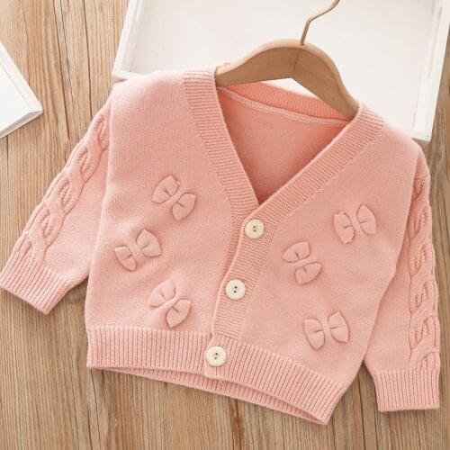 Baby girls v collar bow knitted cardigan girl solid color sweater children clothes wholesale