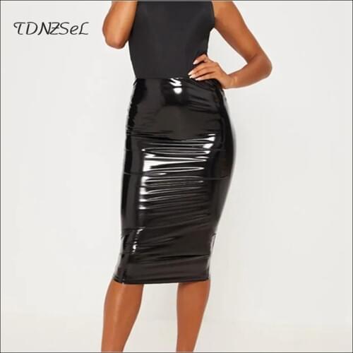 Faux Latex Pencil Skirts Women PU Leather Midi Bodycon Skirt Office Lady Mid-Calf Length Skirt Casual Slim Clubwear Spring New