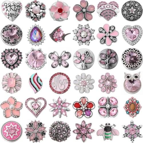 6pcs/lot Wholesale Snap Jewelry Pink Rhinestone 18mm Snap Buttons for Snap Bracelet Bangle Interchangeable Jewelry