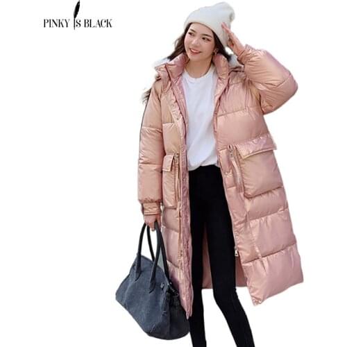 PinkyIsBlack Women Winter Jacket Fur Hooded Coat Cotton Padding Warm Glossy Long Puffer Jackets Parkas Mujer Winter Coat Female