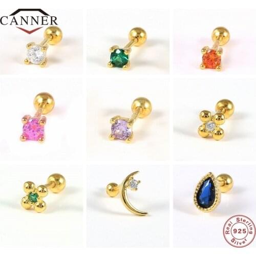 CANNER Colorful Zircon Stud Earrings Sterling Silver 925 Piercing Cartilage Earring for Women Jewelry Jewelry Gift Pendients