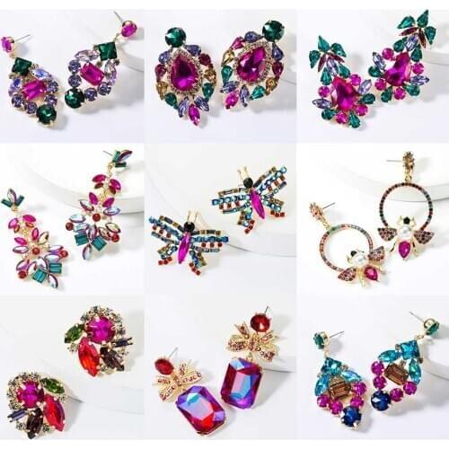 Dvacaman Colorful Crystal Drop Earrings for Women Wedding Luxury Baroque Rhinestone Flower Bee Statement Earrings Jewelry Gift