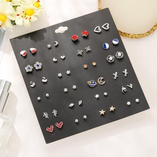24 pairs/set mixed style small heart moon star leaf flower stud earrings for women elegant pearl crystal wedding earrings gift