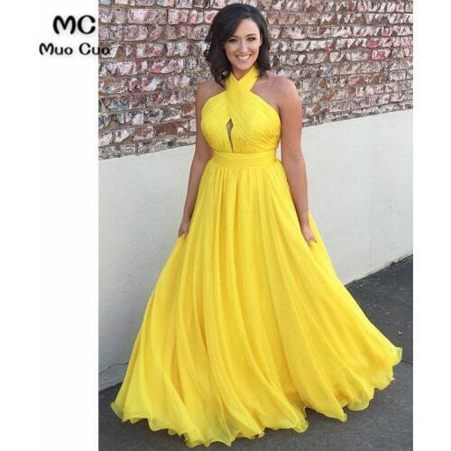 Sexy 2018 A-Line Yellow Evening Dresses Prom Dresses Long Halter Vestido Longo Chiffon Backless Formal Evening Party Dress