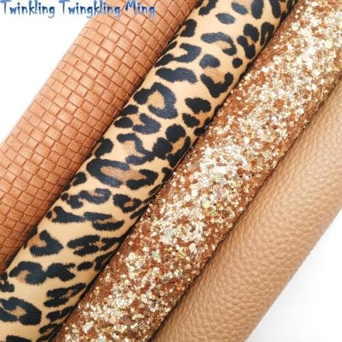 Gold Yellow Glitter leather, Leopard Printed Faux Leather, Waffle Synthetic Leather Sheets For Bow 21x29CM Twinkling Ming KM187