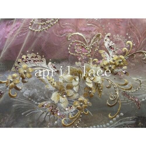 5yards LHT006# gold stone pearl applique sequin embroidery soft mesh for evening dress/wedding/fashion design,send by dhl